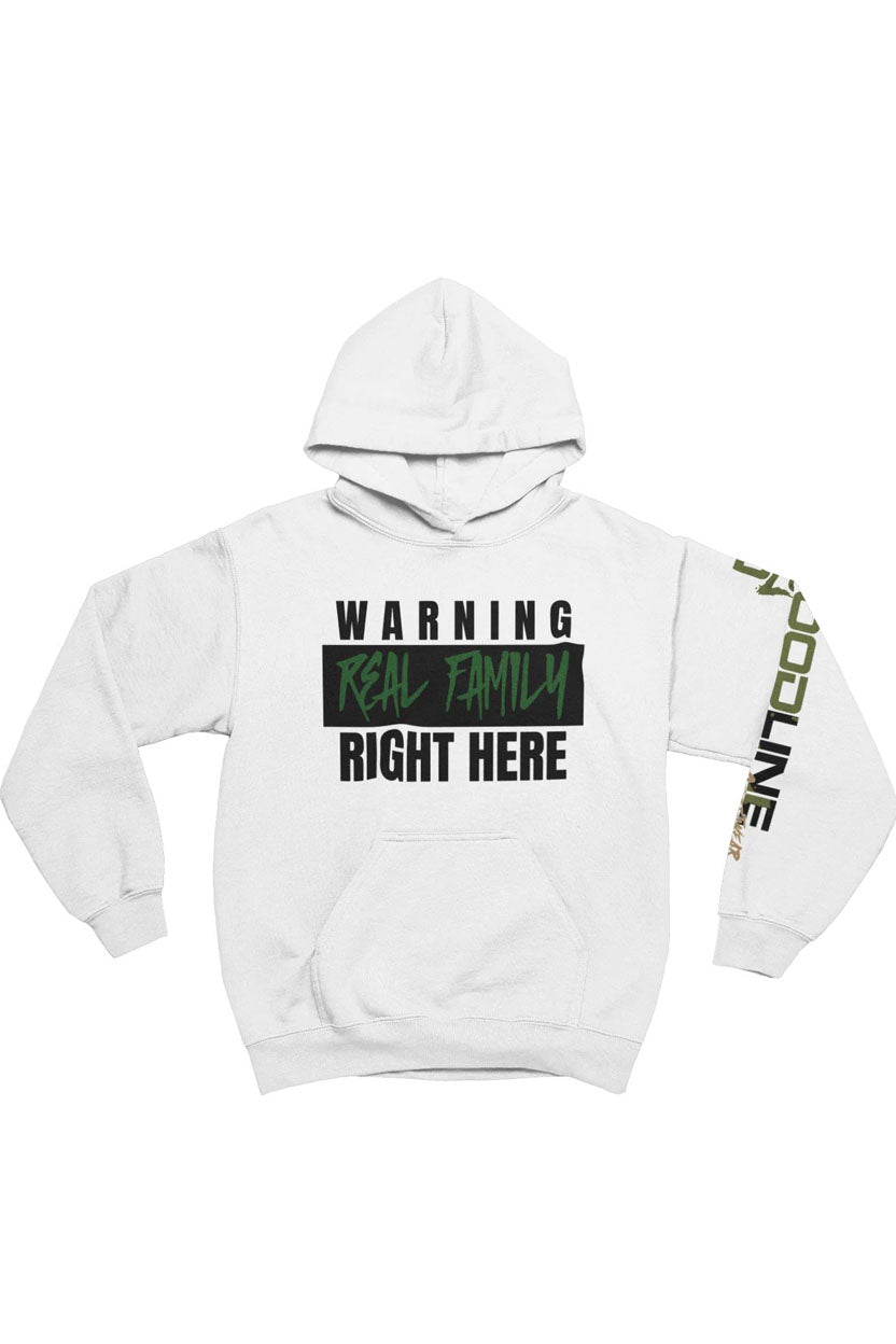 White hoodie with text on a white background